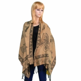 Blancho Bedding Pa-a66-2 Khaki Big Butterfly & Flower Elegant Exquisitely Soft Tassel Ends Pashmina/Shawl/Scarf