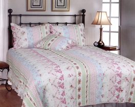 blancho bedding [Pink Rosary] 100% Cotton 3PC Classic Floral Vermicelli-Quilted Quilt Set (King Size)