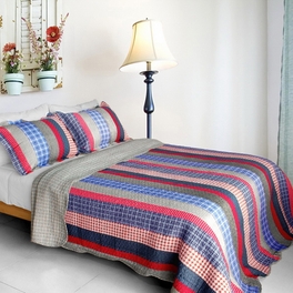 blancho bedding [Retro Stripe] Cotton 3PC Vermicelli-Quilted Printed Quilt Set (Full/Queen Size)