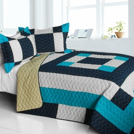 blancho bedding [Sea Center ] 3PC Vermicelli-Quilted Patchwork Quilt Set (Full/Queen Size)
