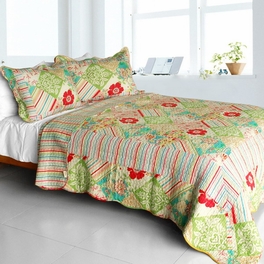 blancho bedding [Springtime Hills] Cotton 3PC Vermicelli-Quilted Floral Printed Quilt Set (Full/Queen Size)