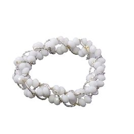 blancho bedding White Opal Faceted Crystals Silver Braided Bracelet Stretchable Stylish