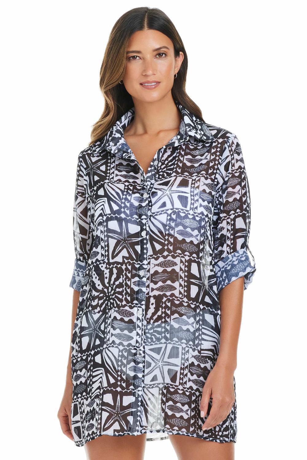 Bleu Rod Beattie Catch Of The Day Chiffon Button Down Cover Up