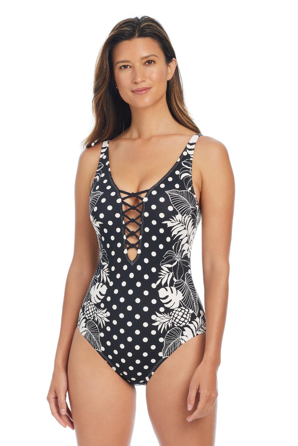 bleu rod beattie Double Trouble Lace Down One Piece Swimsuit