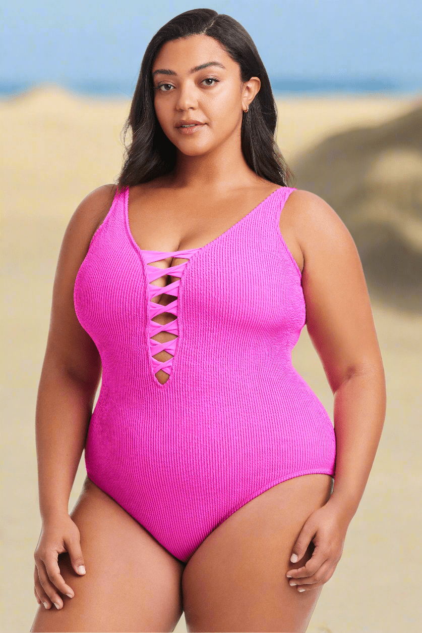 Bleu Rod Beattie Plus Size Pucker Up Lace Down One Piece Swimsuit