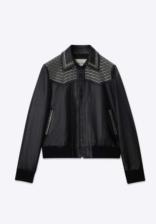 Blk Dnm LEATHER JACKET 77 BLACK CRYSTAL STUDS