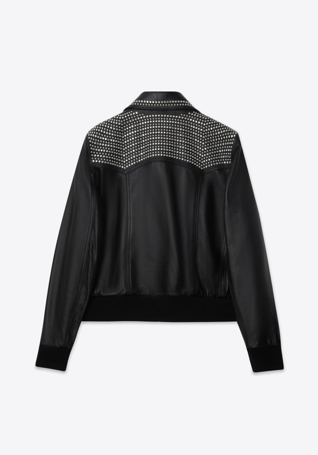 Blk Dnm LEATHER JACKET 77 BLACK CRYSTAL STUDS