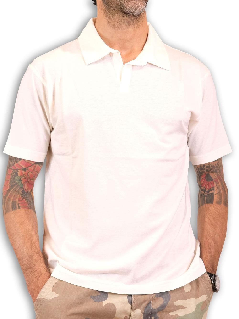 bl'ker Men's Polo MC Linen and Cotton without Buttons White