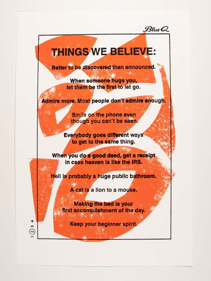 blue q Things We Believe Print Orange