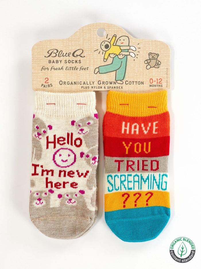 blue q Hello I'm New Here/ Have You Ever Tried Screaming??? Baby Socks blue q Hello I'm New Here/ Have You Ever Tried Screaming??? Baby Socks