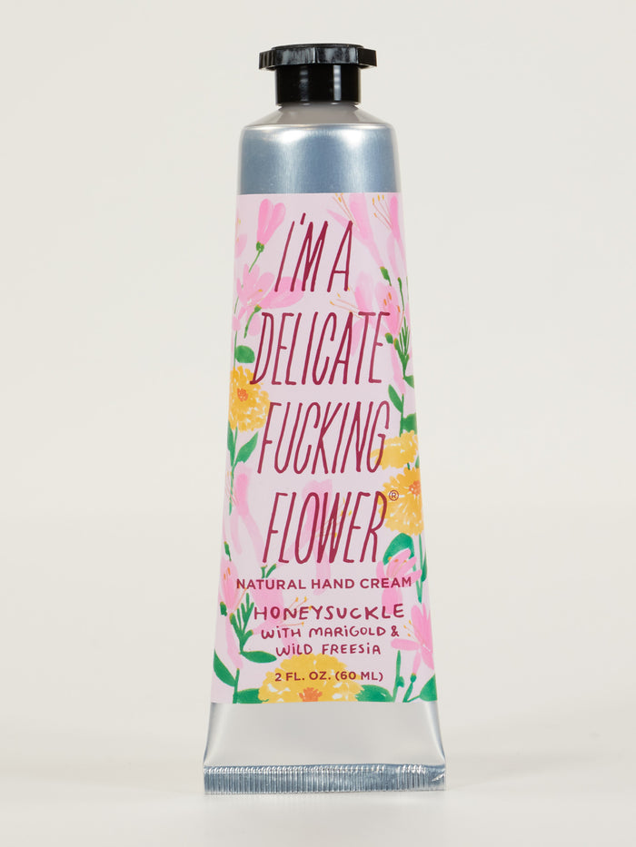 blue q I'm a Delicate Fucking Flower Natural Hand Cream-Honeysuckle With Marigold & Wild Freesia