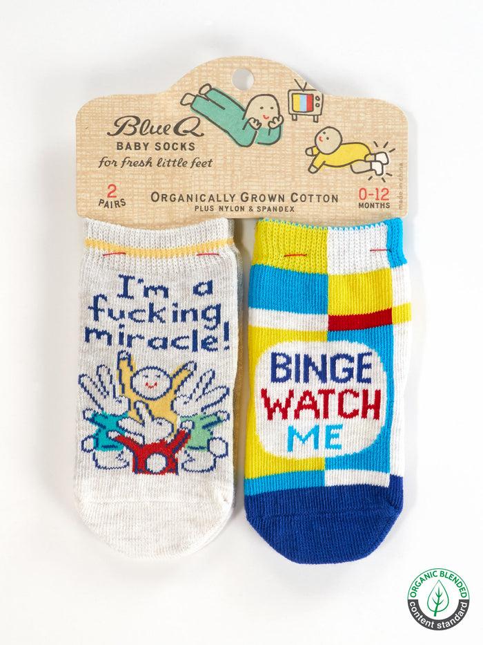 blue q I'm A Fucking Miracle / Binge Watch Me Baby Socks blue q I'm A Fucking Miracle / Binge Watch Me Baby Socks