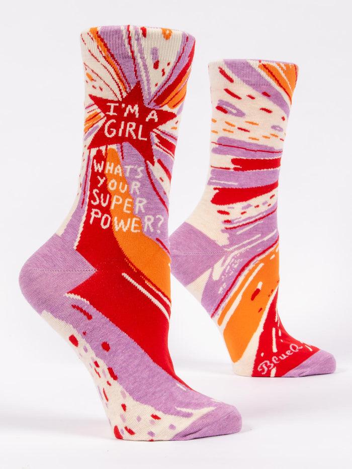 blue q I'm A Girl What's Your Superpower? W-Crew Socks