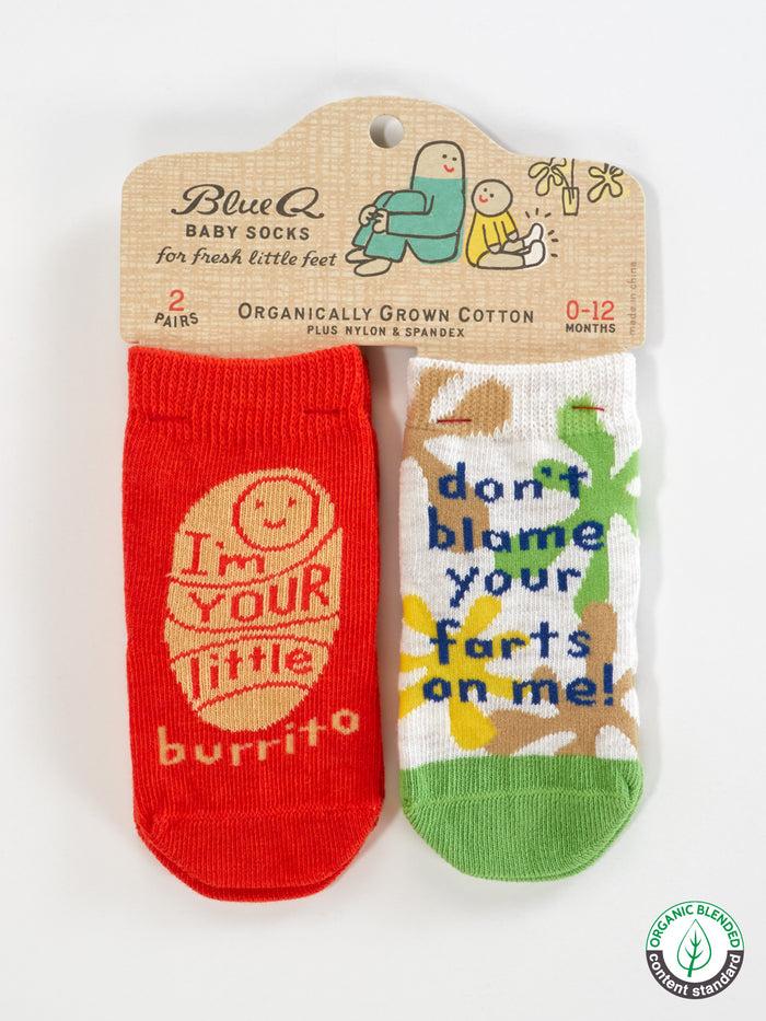blue q I'm Your Little Burrito/ Don't Blame Your Farts On Me Baby Socks blue q I'm Your Little Burrito/ Don't Blame Your Farts On Me Baby Socks