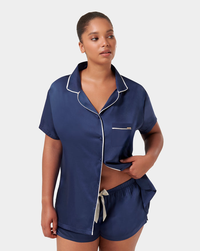 bluebella Abigail Luxury Satin Short Set Navy Blue/Cream