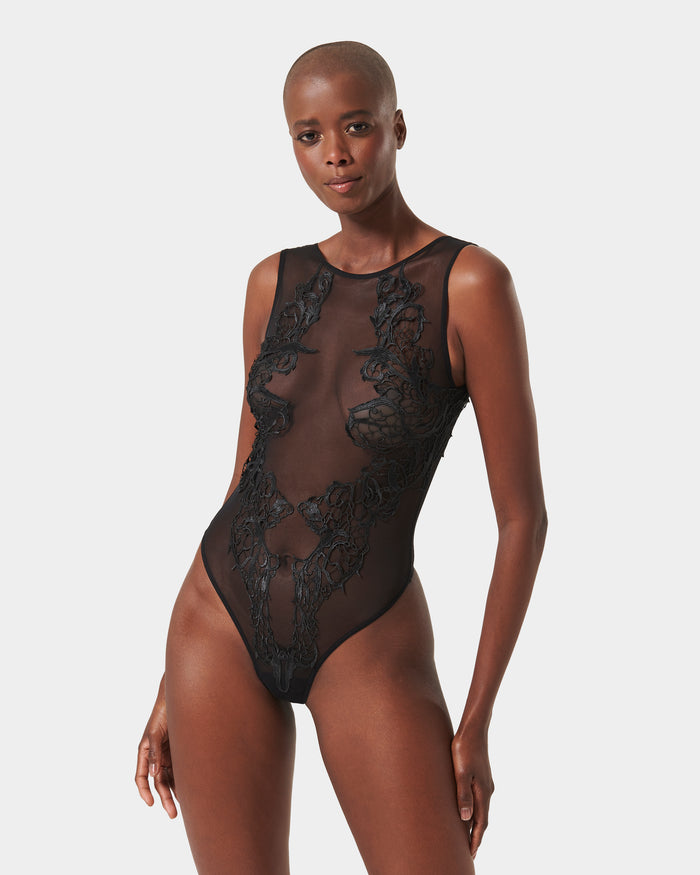 Bluebella Etienne Embroidered Sheer Bodysuit Black