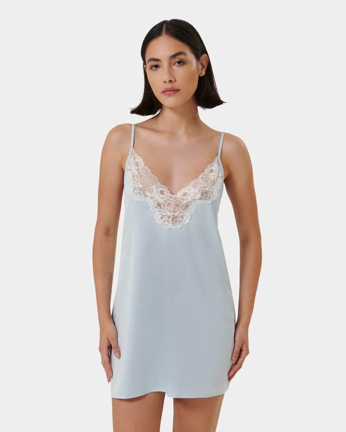 bluebella Isabella Luxury Satin Short Chemise Ice Water Blue/White