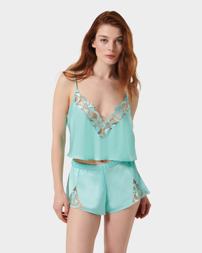 bluebella Leonora Luxury Satin Cami and Short Set Island Paradise Blue/Sheer