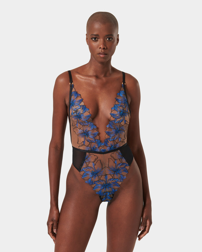 bluebella Lyandra Floral Embroidered Bodysuit Blue/Black/Sheer