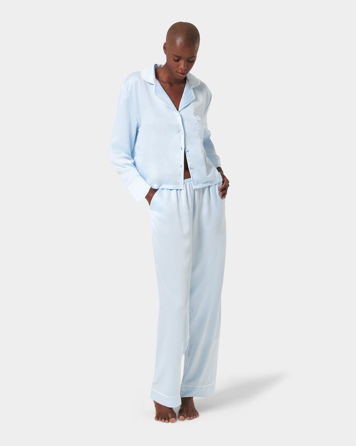 bluebella Sara Luxury Satin Long Set Ice Water Blue/White