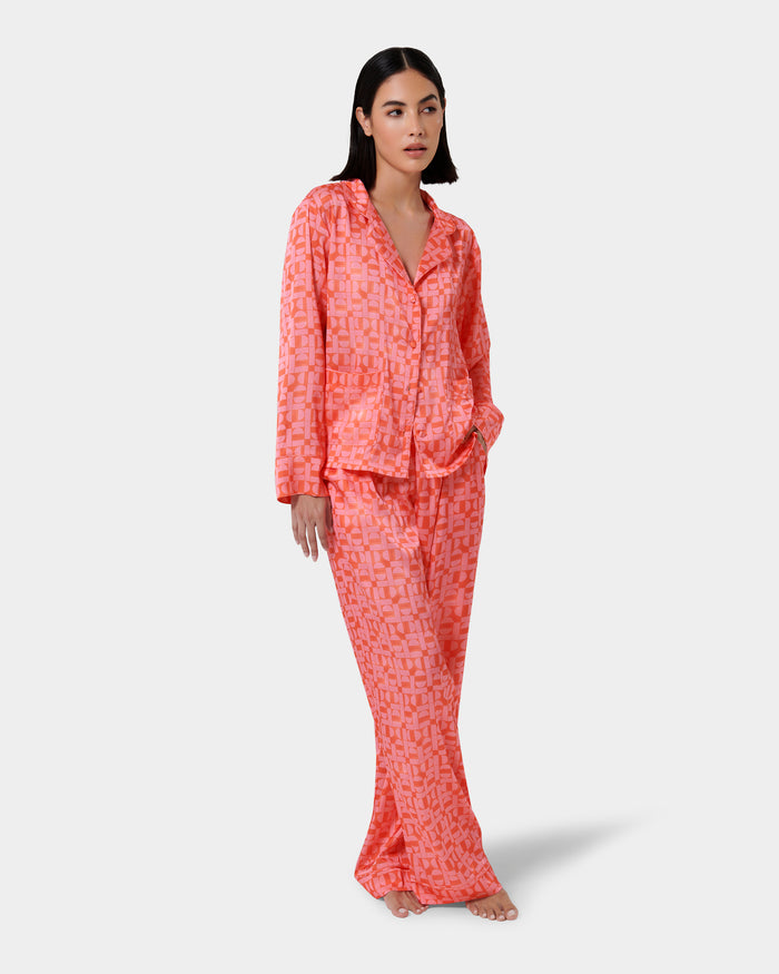 bluebella Tabitha Luxury Satin Long Pyjama Set Hot Coral/Dianthus Pink