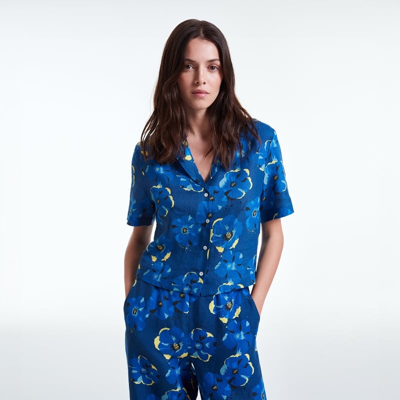 bluemint ISLA NAVY MOON FLOWER Camp-Collar Linen Shirt