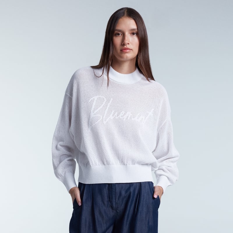 bluemint JOYSE WHITE Open-Knit Sweater with Logo Detail