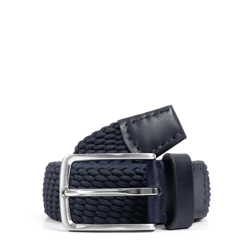 bluemint LEE DARK NAVY Leather-Trimmed Woven Elastic Belt