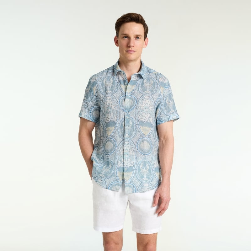 Bluemint LUCA SHORT SLEEVE PRINTED BLUE CAPRI Short-Sleeved Linen Shirt