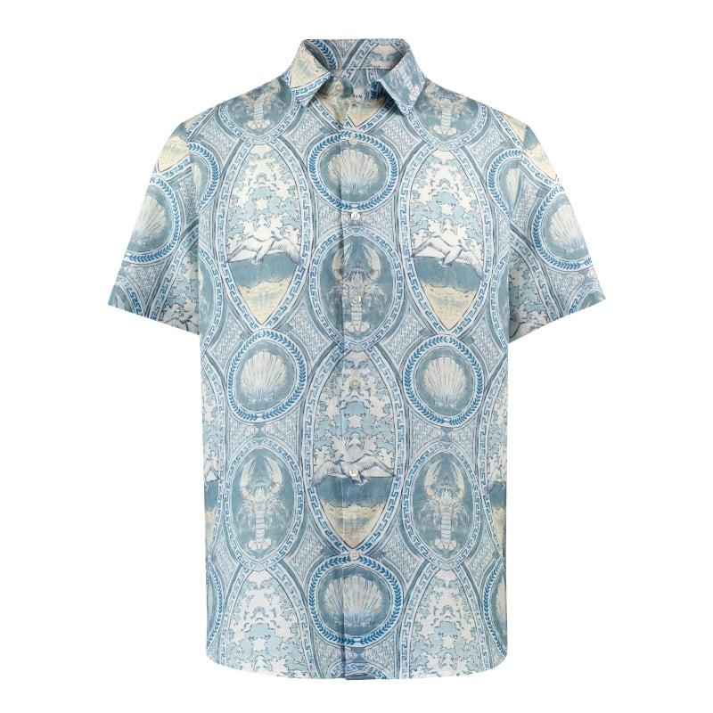 bluemint LUCA SHORT SLEEVE PRINTED BLUE CAPRI Short-Sleeved Linen Shirt