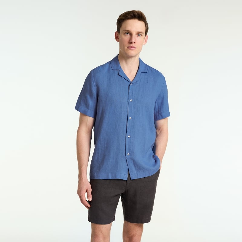Bluemint MARS LAGOON BLUE Short Sleeve Camp-Collar Linen Shirt