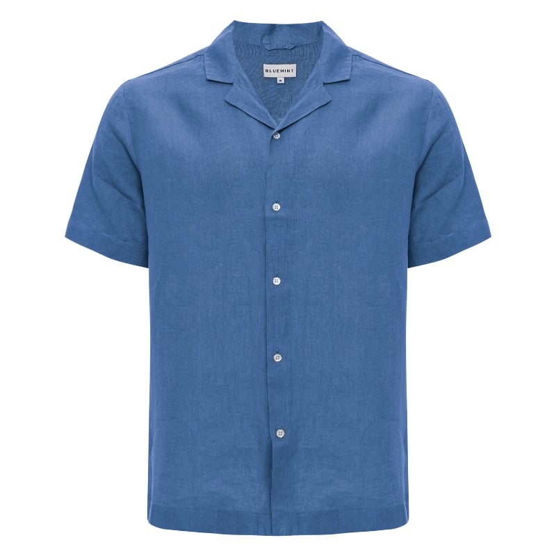 bluemint MARS LAGOON BLUE Short Sleeve Camp-Collar Linen Shirt