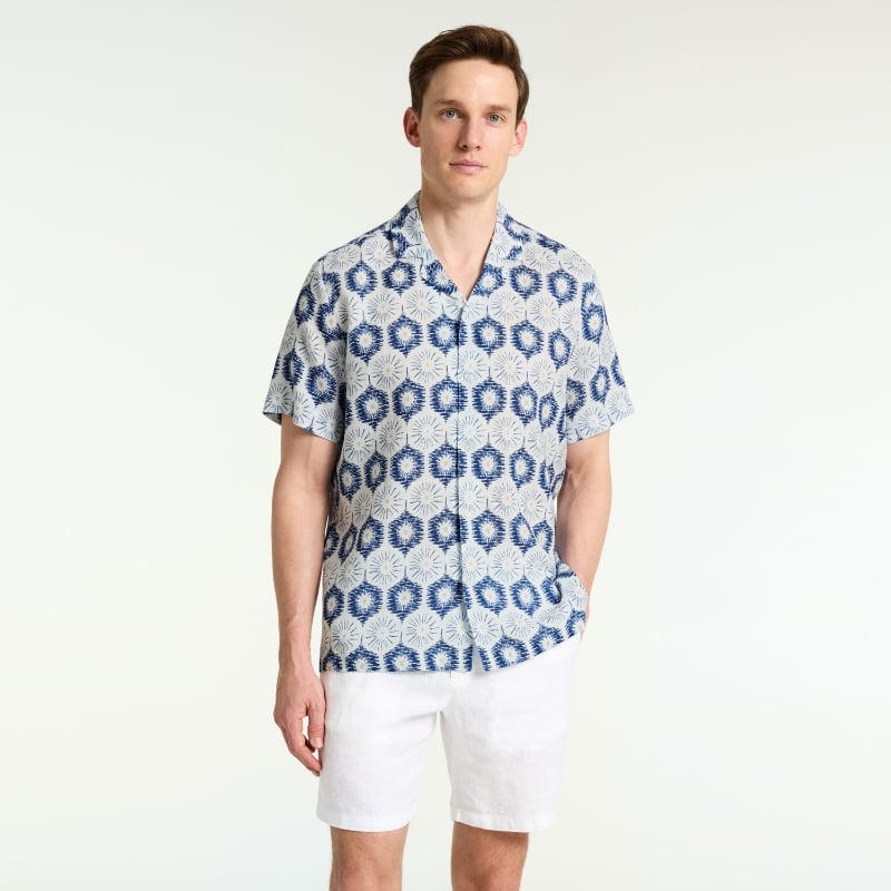 Bluemint MARS PRINTED BLUE LIFE Short Sleeve Camp-Collar Linen Shirt