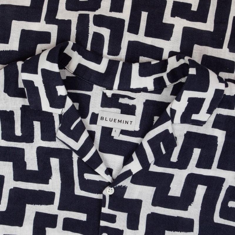 Bluemint MARS PRINTED DARK NAVY GEO Short Sleeve Camp-Collar Linen Shirt
