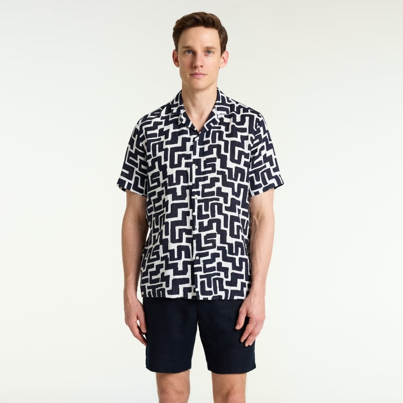 Bluemint MARS PRINTED DARK NAVY GEO Short Sleeve Camp-Collar Linen Shirt