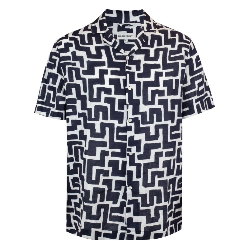 bluemint MARS PRINTED DARK NAVY GEO Short Sleeve Camp-Collar Linen Shirt