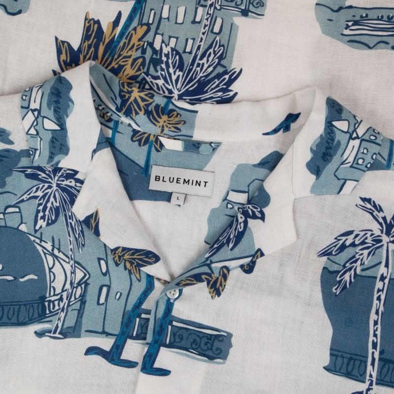 Bluemint MARS PRINTED WHITE ISLAND Short Sleeve Camp-Collar Linen Shirt