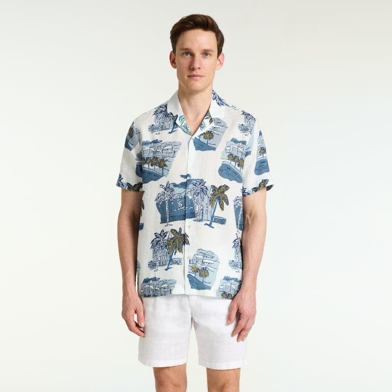 Bluemint MARS PRINTED WHITE ISLAND Short Sleeve Camp-Collar Linen Shirt