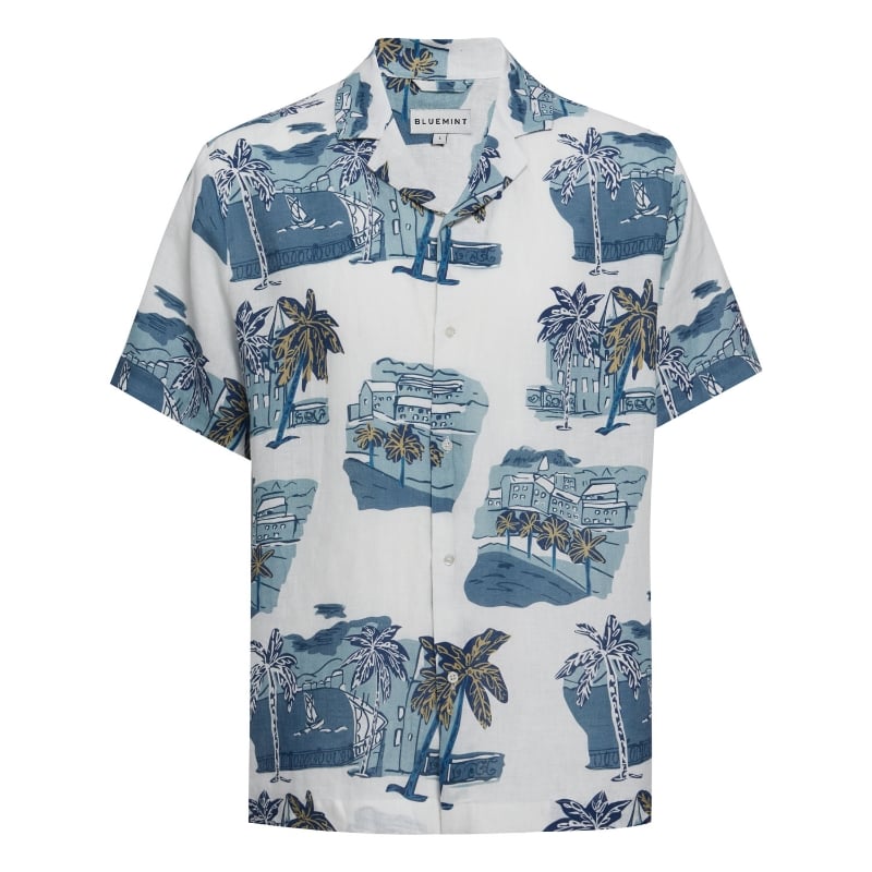 bluemint MARS PRINTED WHITE ISLAND Short Sleeve Camp-Collar Linen Shirt