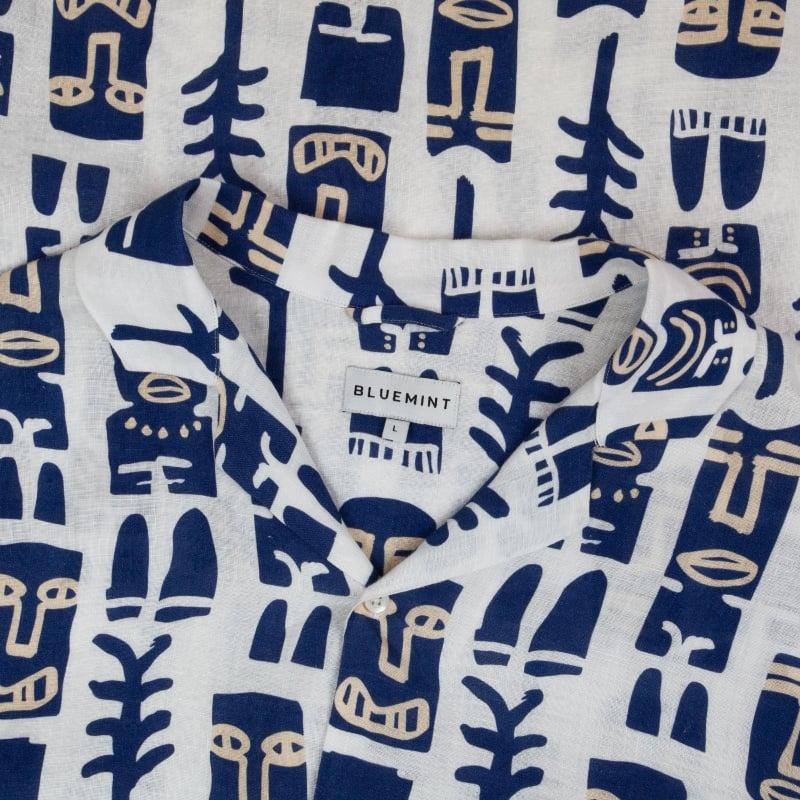 Bluemint MARS PRINTED WHITE MASK Short Sleeve Camp-Collar Linen Shirt