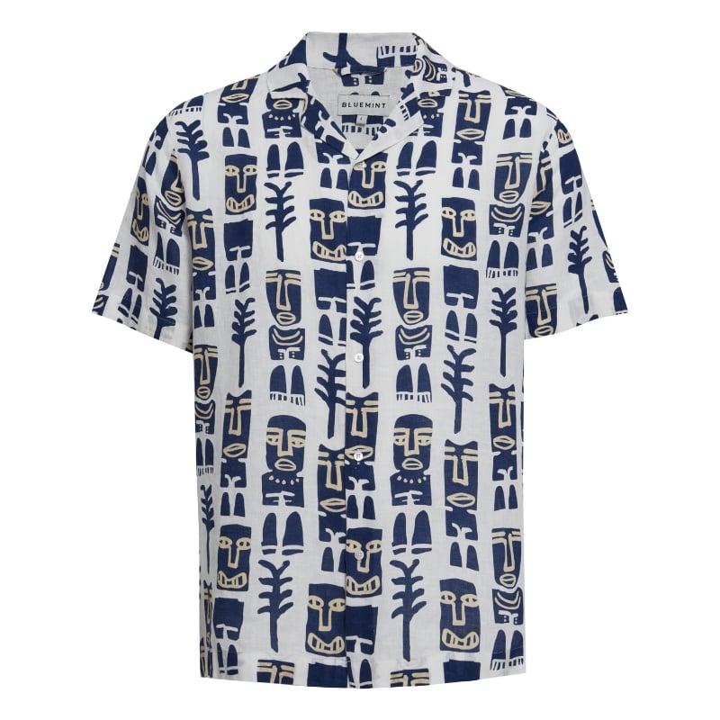 bluemint MARS PRINTED WHITE MASK Short Sleeve Camp-Collar Linen Shirt
