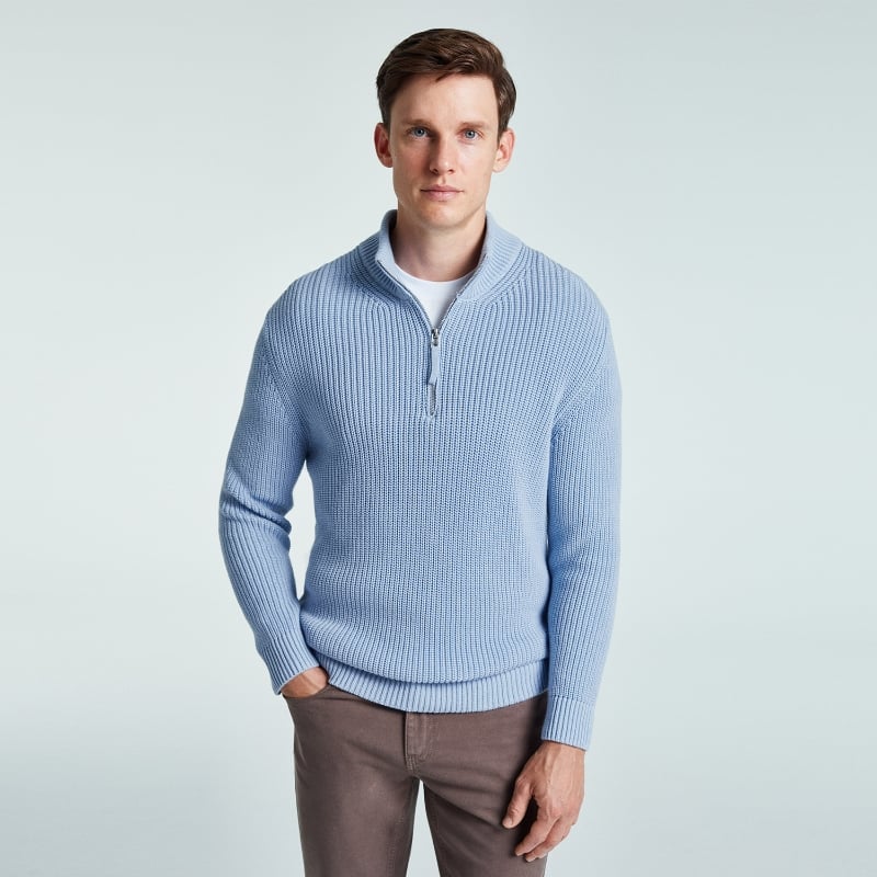 Bluemint NATHAN AQUAMARINE Ribbed Cotton Half-Zip Sweater