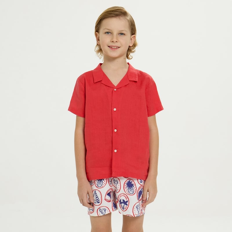 Bluemint PETER CORAL RED Kids Short-Sleeved Camp-Collar Linen Shirt