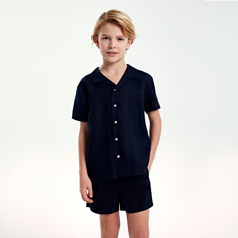 Bluemint PETER DARK NAVY Kids Short-Sleeved Camp-Collar Linen Shirt