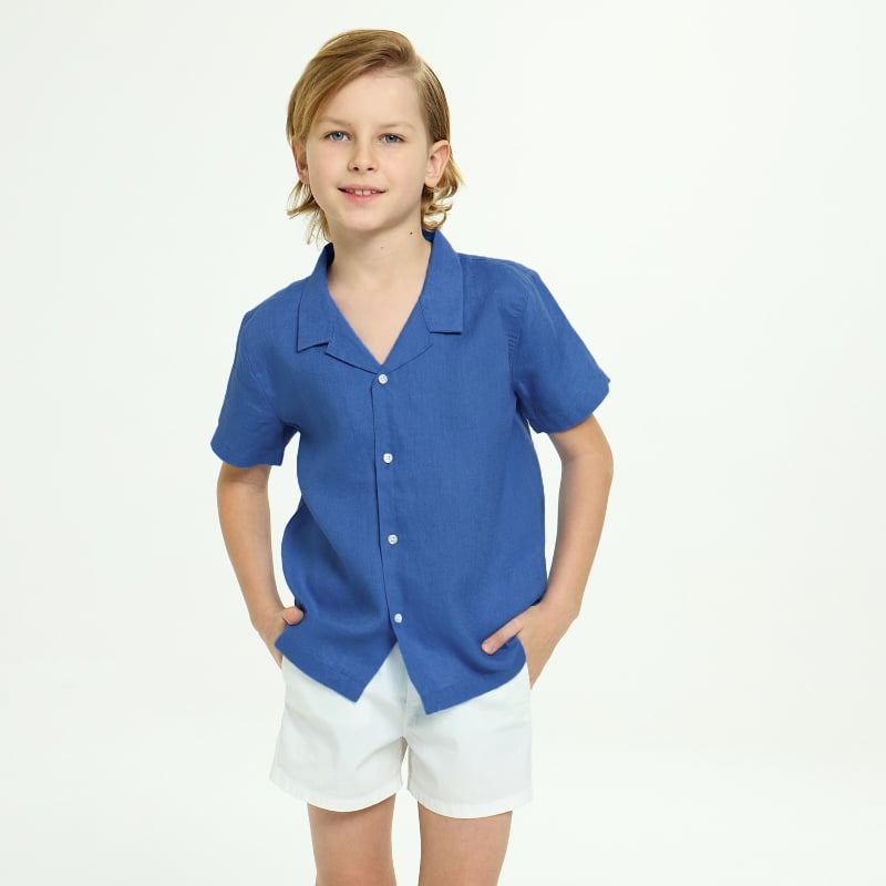 Bluemint PETER LAGOON BLUE Kids Short-Sleeved Camp-Collar Linen Shirt