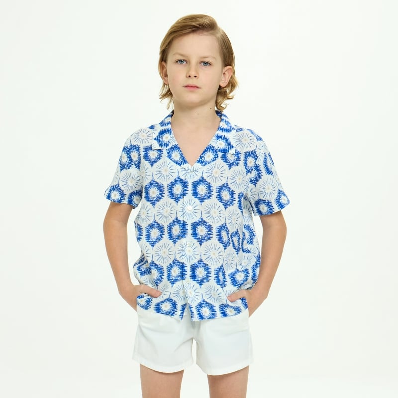 Bluemint PETER PRINTED BLUE LIFE Kids Short-Sleeved Printed Linen Shirt