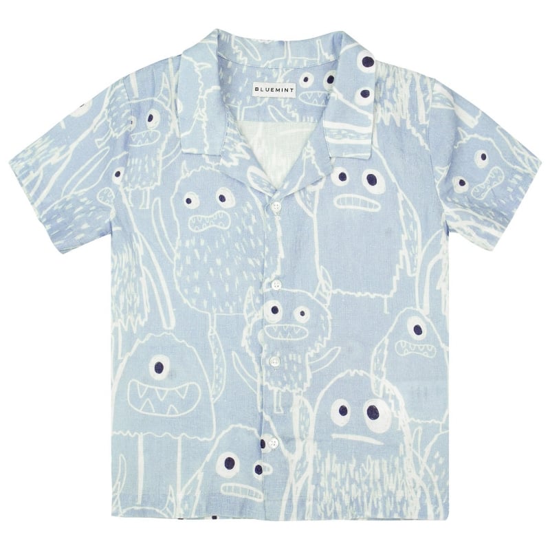 bluemint PETER PRINTED BLUE MONSTER Kids Short-Sleeved Printed Linen Shirt