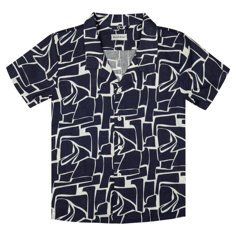 bluemint PETER PRINTED NAVY BLOCKS Kids Short-Sleeved Printed Linen Shirt