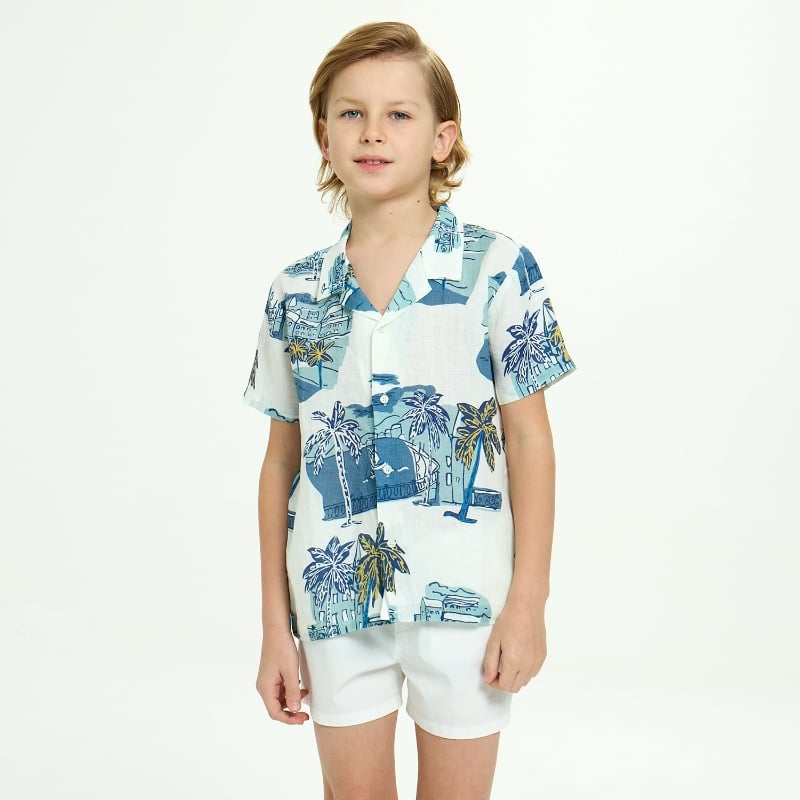 Bluemint PETER PRINTED WHITE ISLAND Kids Short-Sleeved Printed Linen Shirt
