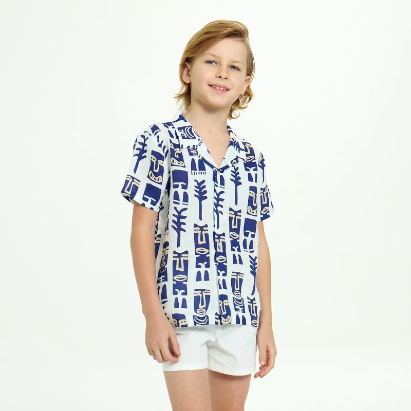 Bluemint PETER PRINTED WHITE MASK Kids Short-Sleeved Printed Linen Shirt